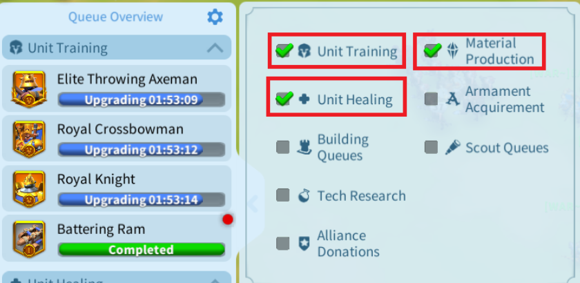 Bot Queue Overview showing Unit Training, Unit Healing and Material Production options enabled