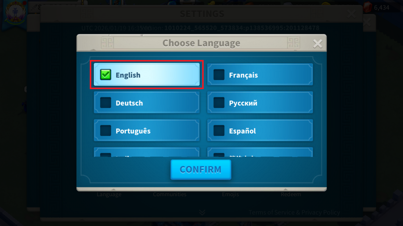 Rise of Kingdoms language menu with English selected and Confirm button