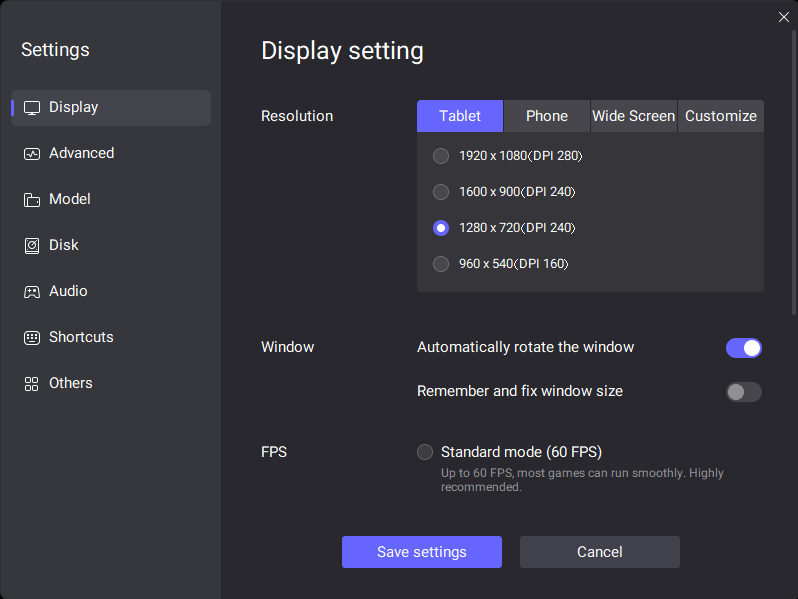 LDPlayer display settings with 1280 by 720 and DPI 240 selected